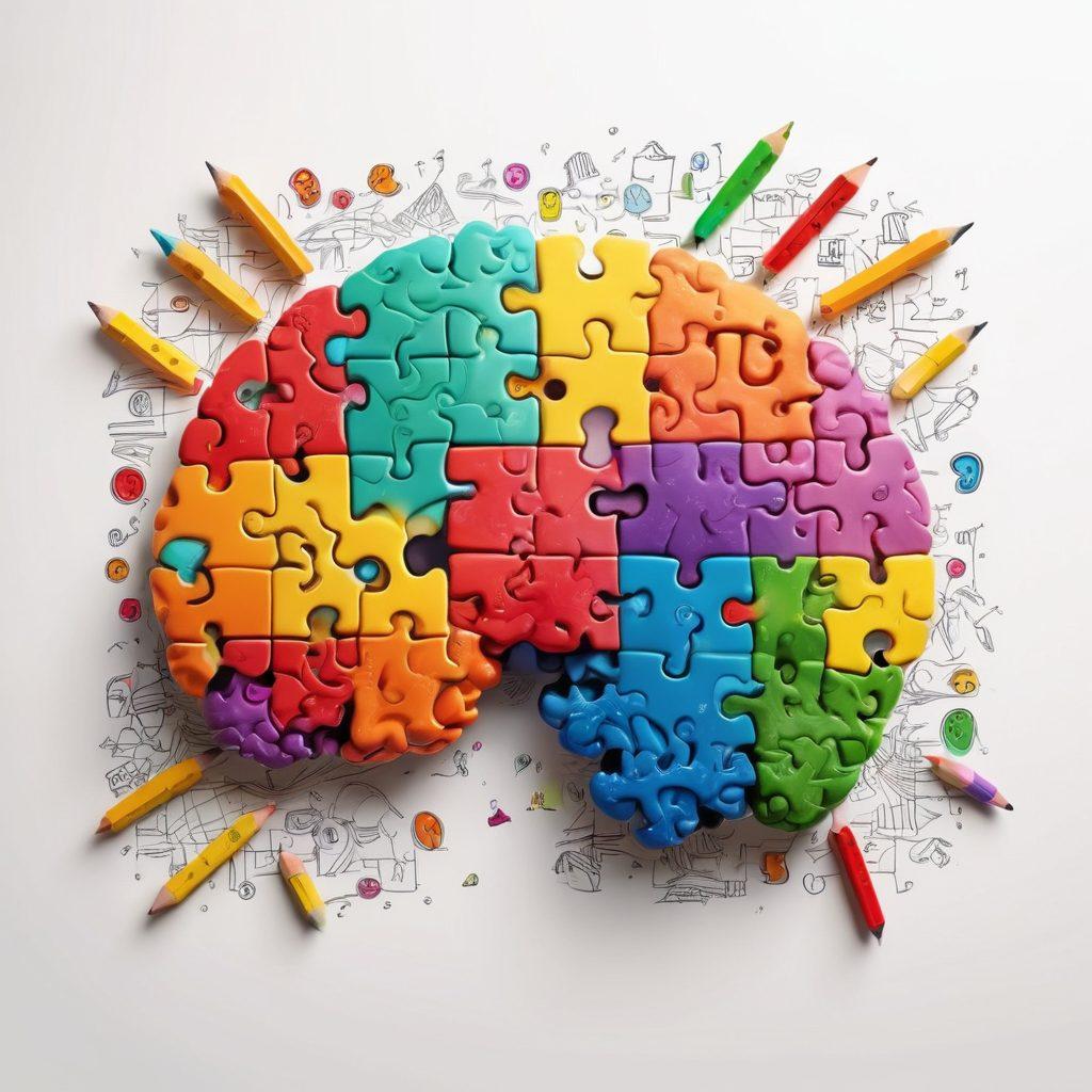 A brain composed of colorful puzzle pieces, with a Sudoku grid integrated into its design, surrounded by whimsical, floating numbers and symbols representing math and logic. The background features an inviting, bright atmosphere with scattered pencils and erasers, symbolizing strategy and problem-solving. Illustrate the concept of unlocking fun with playful, animated doodles around the edges. super-realistic. vibrant colors. white background.