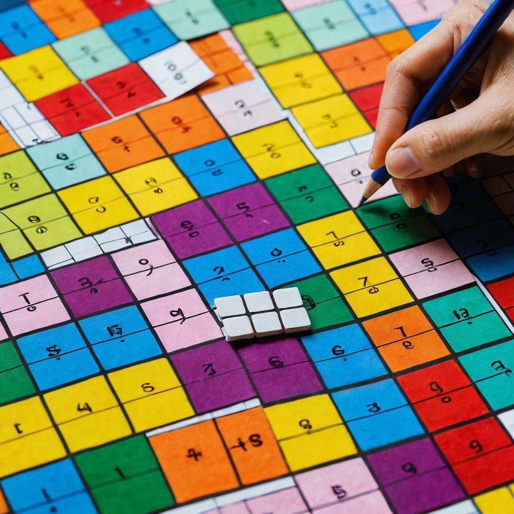 A close-up of a hand solving a Sudoku puzzle on a vibrant, colorful grid. Include a pencil, eraser, and a cup of coffee in the background to create a cozy atmosphere. The Sudoku puzzle should be partially filled, with numbers in various colors to signify progress. Add hints or strategy notes in the margins for an educational touch. super-realistic. vibrant colors. cozy background.