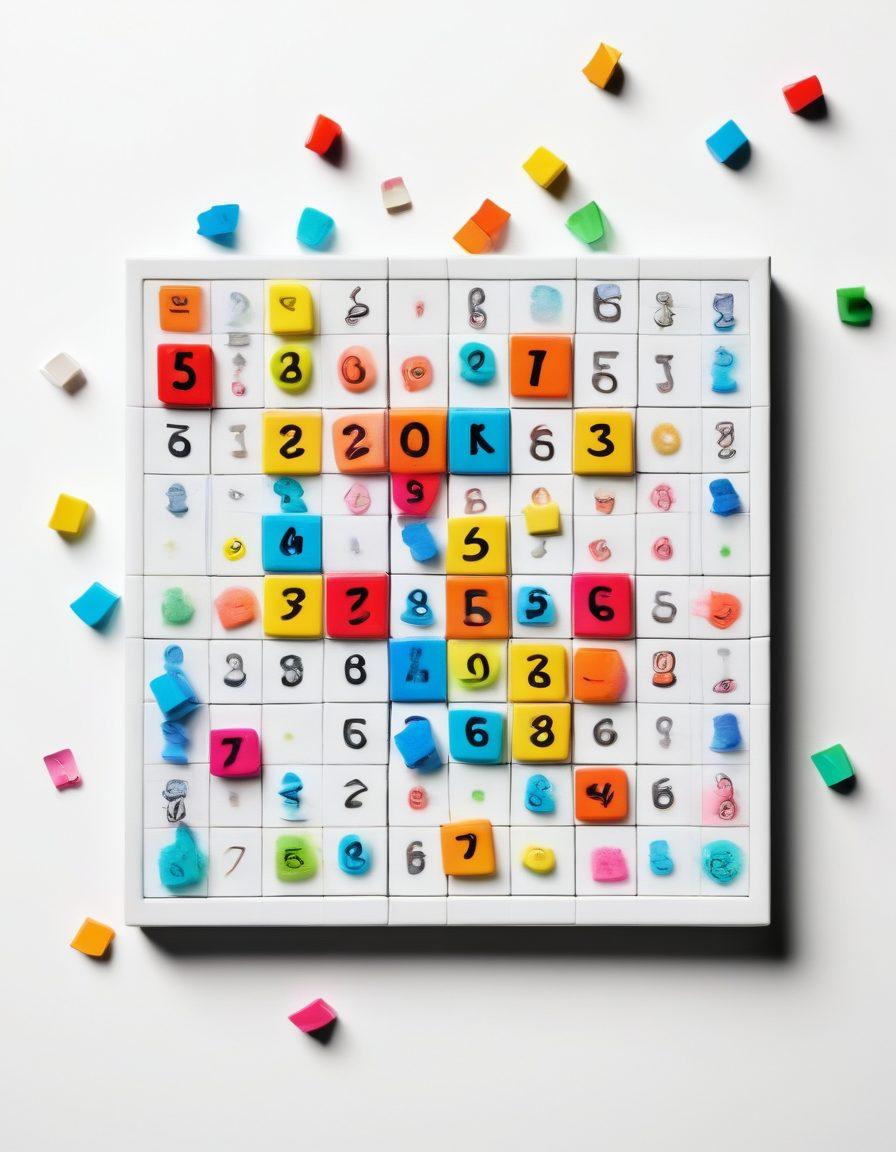 A visually engaging scene showing a colorful Sudoku grid in the center, surrounded by playful characters (a beginner looking confused and a pro confidently solving puzzles). Include tools like pencils, erasers, and coffee cups scattered around to hint at problem-solving strategies. Bright, fun colors to create an inviting atmosphere, along with puzzle pieces floating in the background. cartoonish style. vibrant colors. white background.
